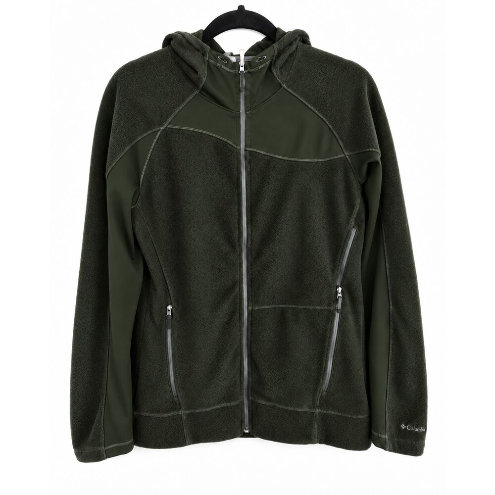 Columbia Women M Olive Green Hybrid Fleece Hooded Full Zip Jacket Stretch AL6094
